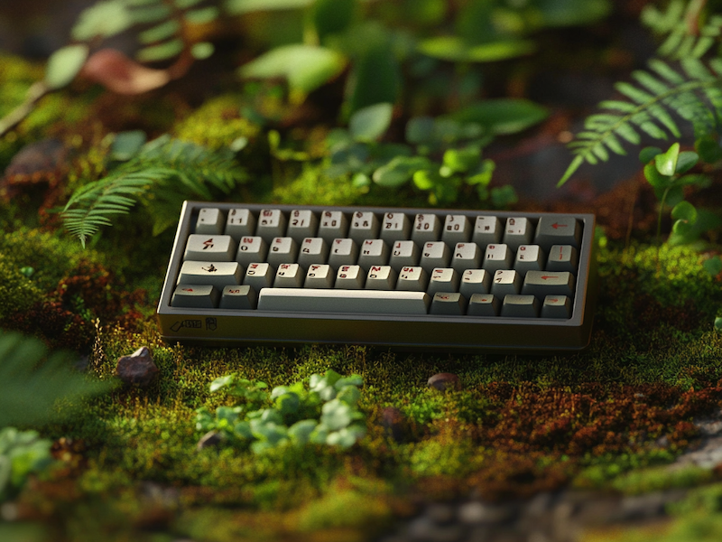 clavier 40% posé sur un sol mousseux au milieu d'une forêt - généré par IA