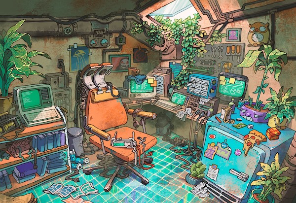 illustration représentant un bureau envahi par la végétation